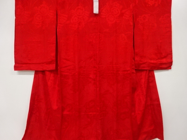 AAアンティークお仕立上正絹振袖用長襦袢朱色、白地に扇、鶴、松模様